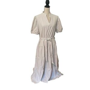 The Pants Store Midi Dress Taupe White Striped Tie Belt Size Large Short Sleeve
